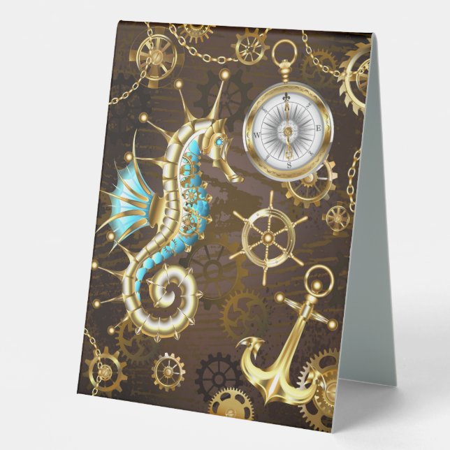Wooden Background with Mechanical Seahorse (Front)