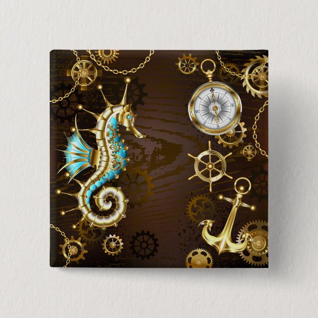 Wooden Background with Mechanical Seahorse 15 Cm Square Badge (Front)