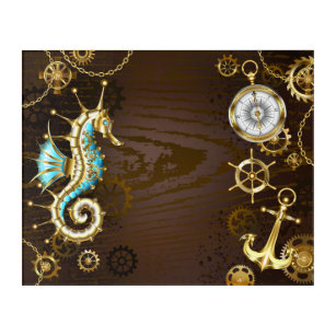 Wooden Background with Mechanical Seahorse Acrylic Print