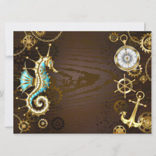 Wooden Background with Mechanical Seahorse Announcement