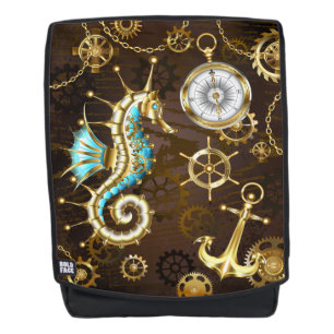 Wooden Background with Mechanical Seahorse Backpack