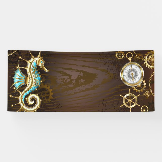 Wooden Background with Mechanical Seahorse Banner (Horizontal)