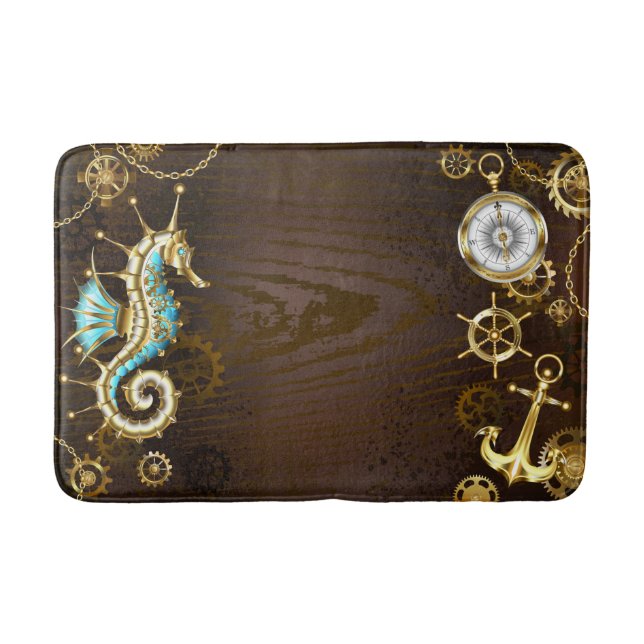 Wooden Background with Mechanical Seahorse Bath Mat (Front)