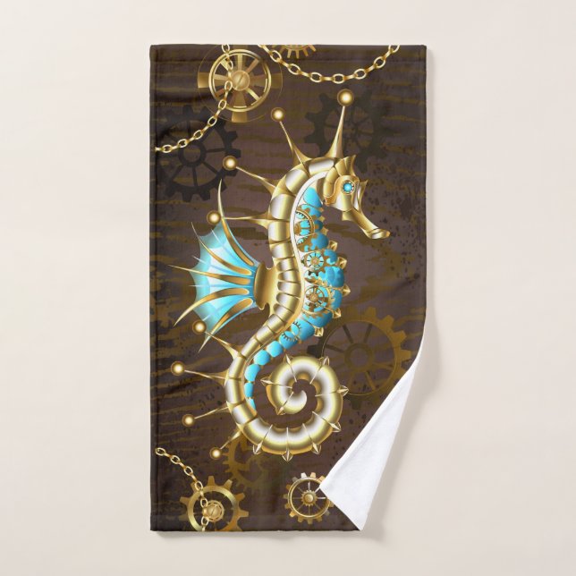 Wooden Background with Mechanical Seahorse Bath Towel Set (Hand Towel)