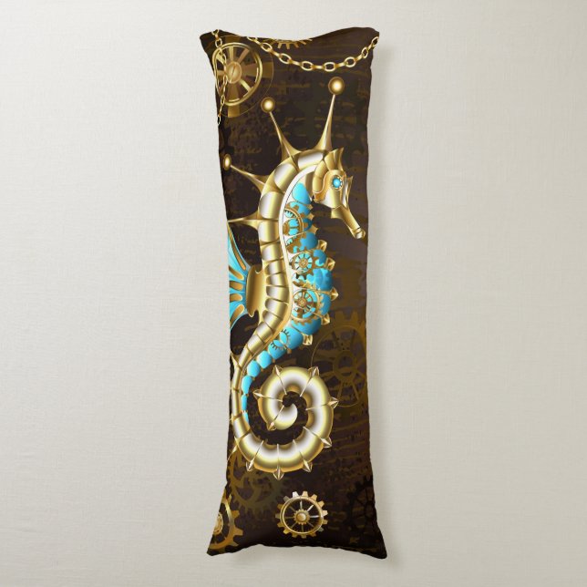 Wooden Background with Mechanical Seahorse Body Cushion (Front Vertical)