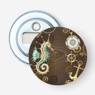 Wooden Background with Mechanical Seahorse Bottle Opener