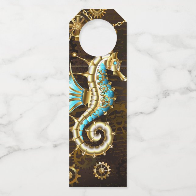 Wooden Background with Mechanical Seahorse Bottle Tag (Front)