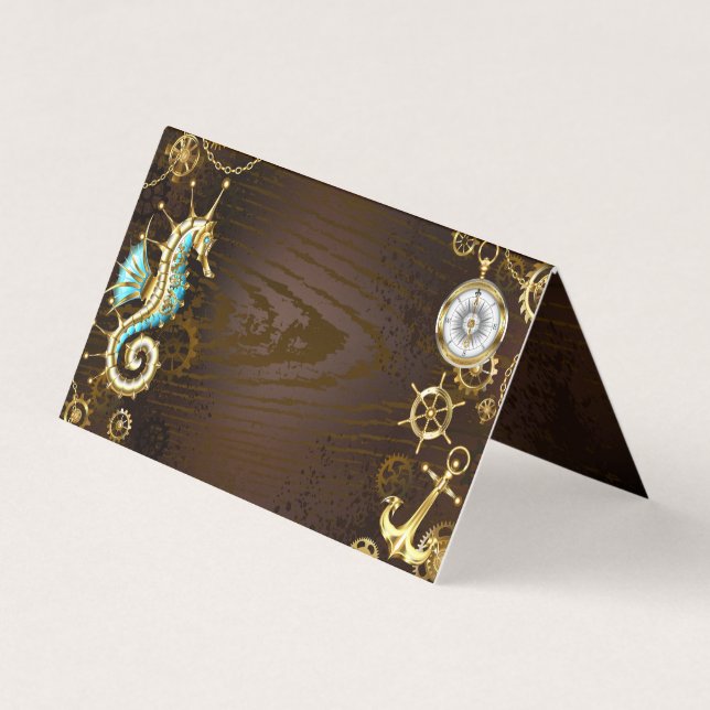 Wooden Background with Mechanical Seahorse Business Card (Front)