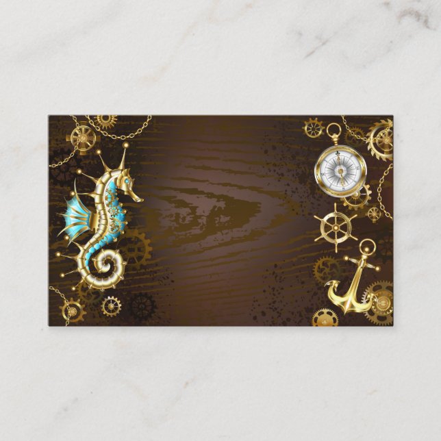 Wooden Background with Mechanical Seahorse Business Card (Front)