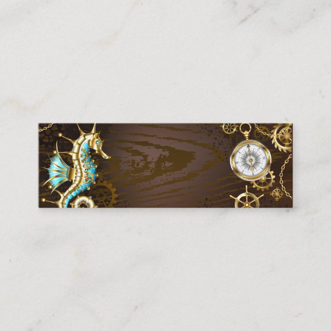 Wooden Background with Mechanical Seahorse Calling Card (Front)