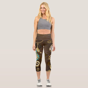 Wooden Background with Mechanical Seahorse Capri Leggings