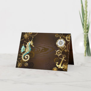 Wooden Background with Mechanical Seahorse Card