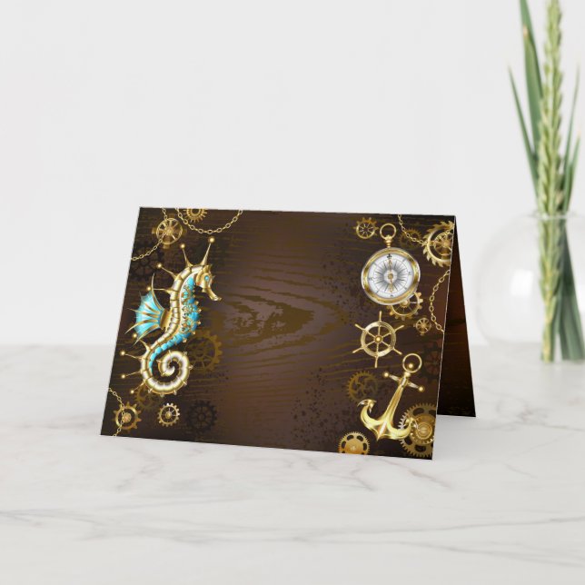 Wooden Background with Mechanical Seahorse Card (Front)