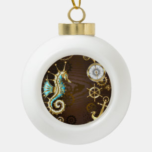 Wooden Background with Mechanical Seahorse Ceramic Ball Christmas Ornament