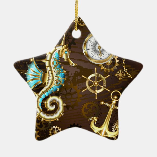 Wooden Background with Mechanical Seahorse Ceramic Ornament (Front)