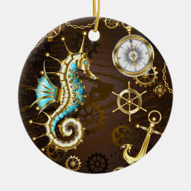 Wooden Background with Mechanical Seahorse Ceramic Ornament (Front)