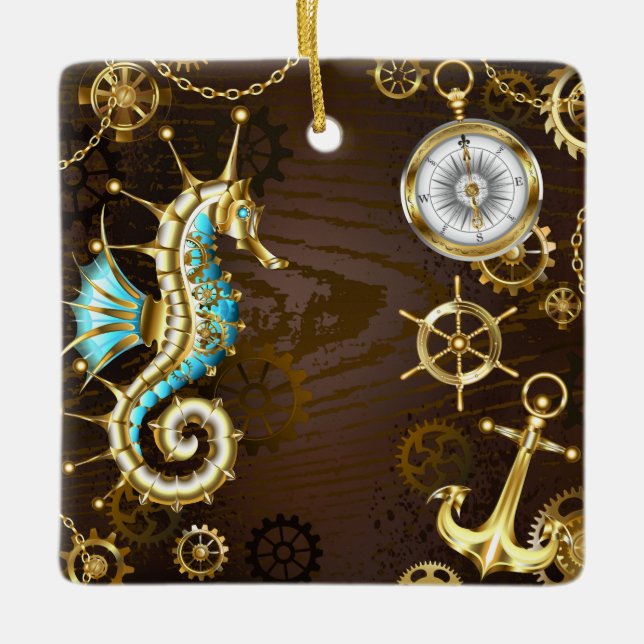 Wooden Background with Mechanical Seahorse Ceramic Ornament (Front)