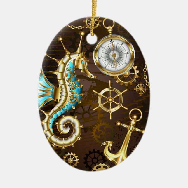 Wooden Background with Mechanical Seahorse Ceramic Ornament (Front)