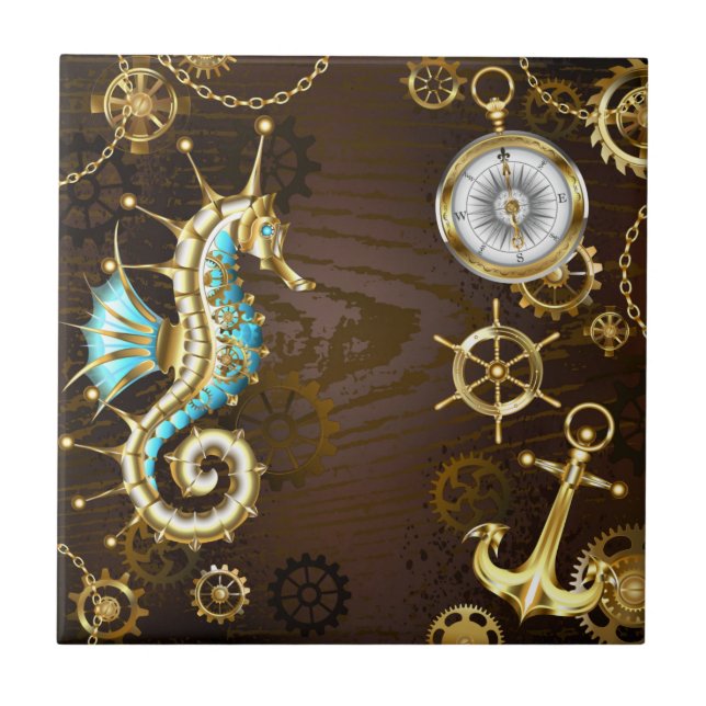 Wooden Background with Mechanical Seahorse Ceramic Tile (Front)
