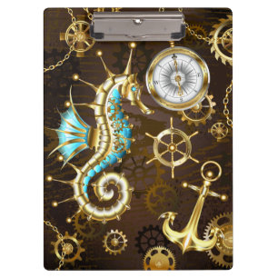 Wooden Background with Mechanical Seahorse Clipboard