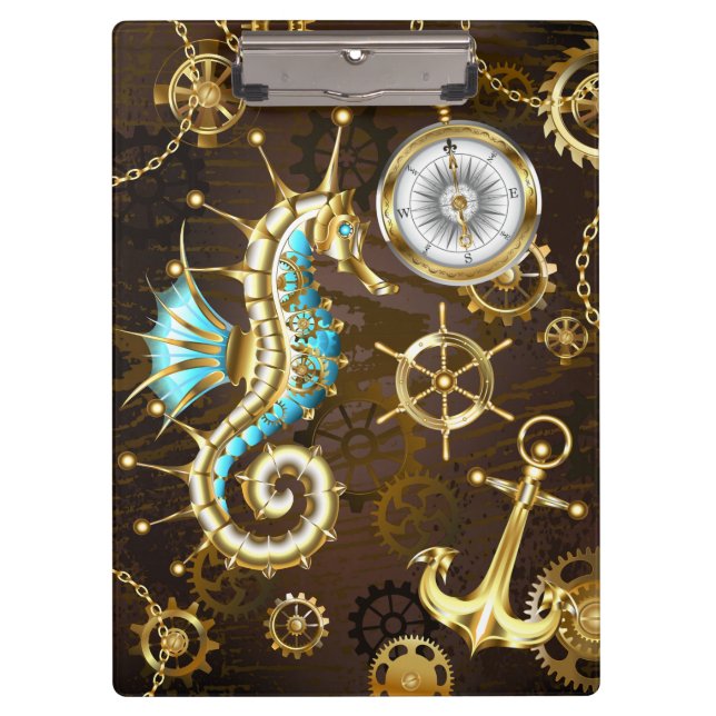 Wooden Background with Mechanical Seahorse Clipboard (Front)