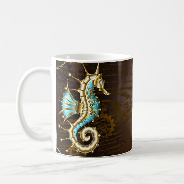 Wooden Background with Mechanical Seahorse Coffee Mug (Left)