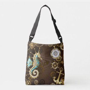 Wooden Background with Mechanical Seahorse Crossbody Bag