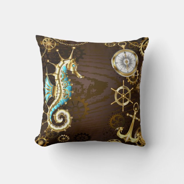Wooden Background with Mechanical Seahorse Cushion (Front)