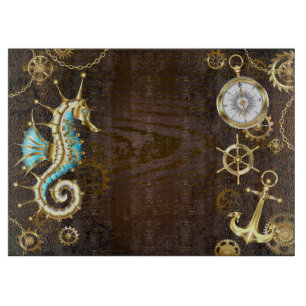 Wooden Background with Mechanical Seahorse Cutting Board