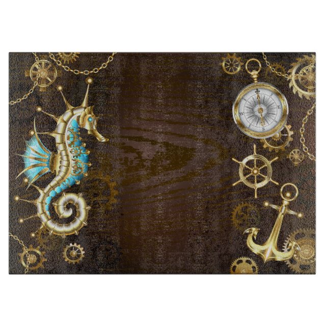 Wooden Background with Mechanical Seahorse Cutting Board (Front)
