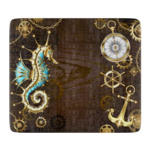 Wooden Background with Mechanical Seahorse Cutting Board