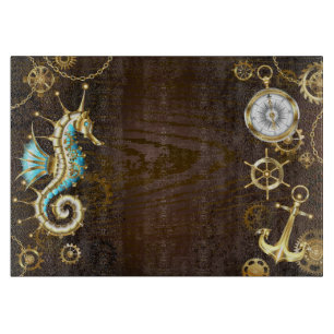 Wooden Background with Mechanical Seahorse Cutting Board