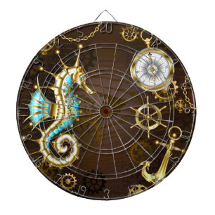 Wooden Background with Mechanical Seahorse Dartboard
