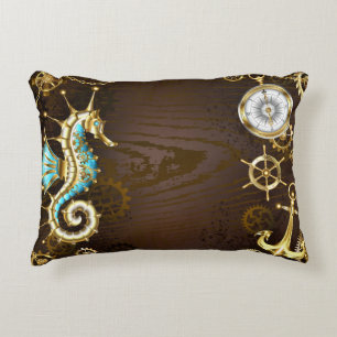 Wooden Background with Mechanical Seahorse Decorative Cushion