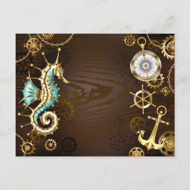 Wooden Background with Mechanical Seahorse Enclosure Card (Front)