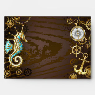 Wooden Background with Mechanical Seahorse Envelope