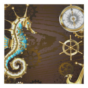 Wooden Background with Mechanical Seahorse Faux Canvas Print