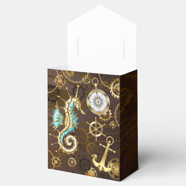Wooden Background with Mechanical Seahorse Favour Box (Opened)
