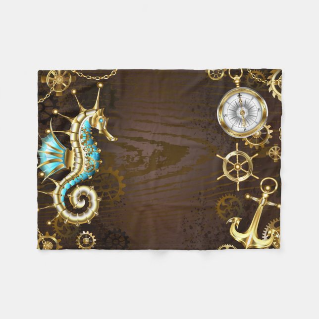 Wooden Background with Mechanical Seahorse Fleece Blanket (Front (Horizontal))