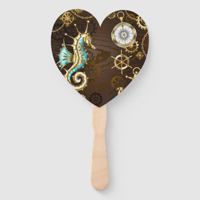 Wooden Background with Mechanical Seahorse Hand Fan (Front)