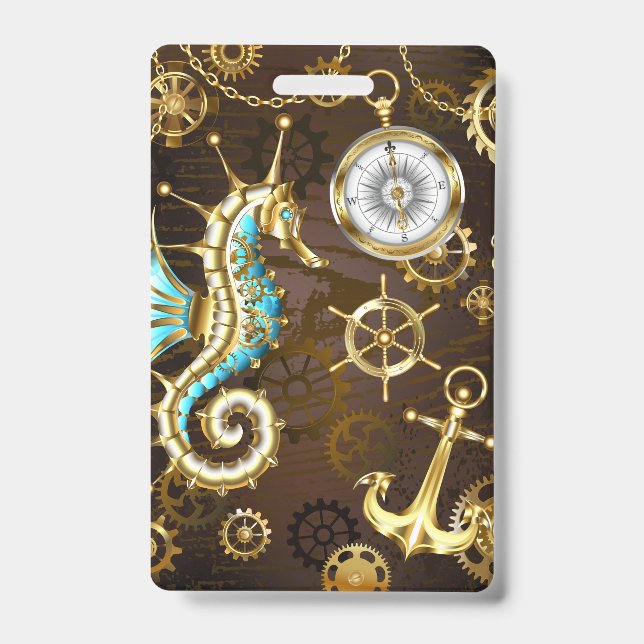 Wooden Background with Mechanical Seahorse ID Badge (Front)