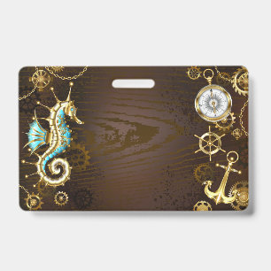 Wooden Background with Mechanical Seahorse ID Badge