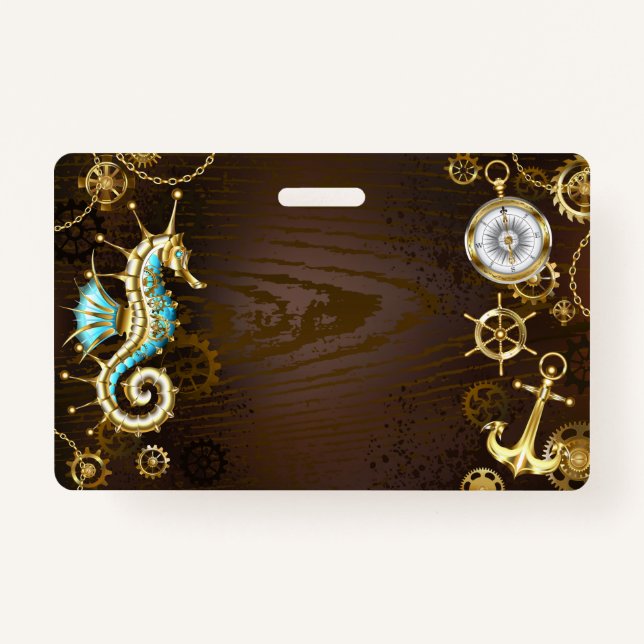 Wooden Background with Mechanical Seahorse ID Badge (Front)