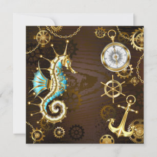 Wooden Background with Mechanical Seahorse Invitation