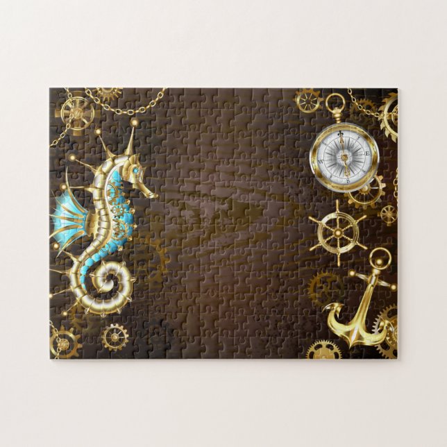 Wooden Background with Mechanical Seahorse Jigsaw Puzzle (Horizontal)
