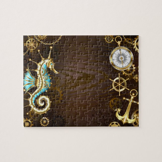 Wooden Background with Mechanical Seahorse Jigsaw Puzzle (Horizontal)