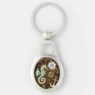 Wooden Background with Mechanical Seahorse Key Ring