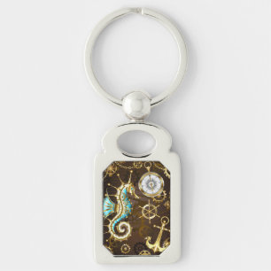 Wooden Background with Mechanical Seahorse Key Ring