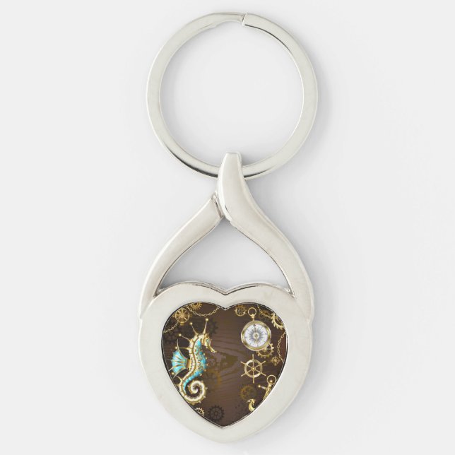 Wooden Background with Mechanical Seahorse Key Ring (Front)