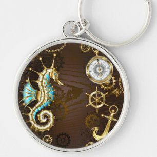 Wooden Background with Mechanical Seahorse Key Ring